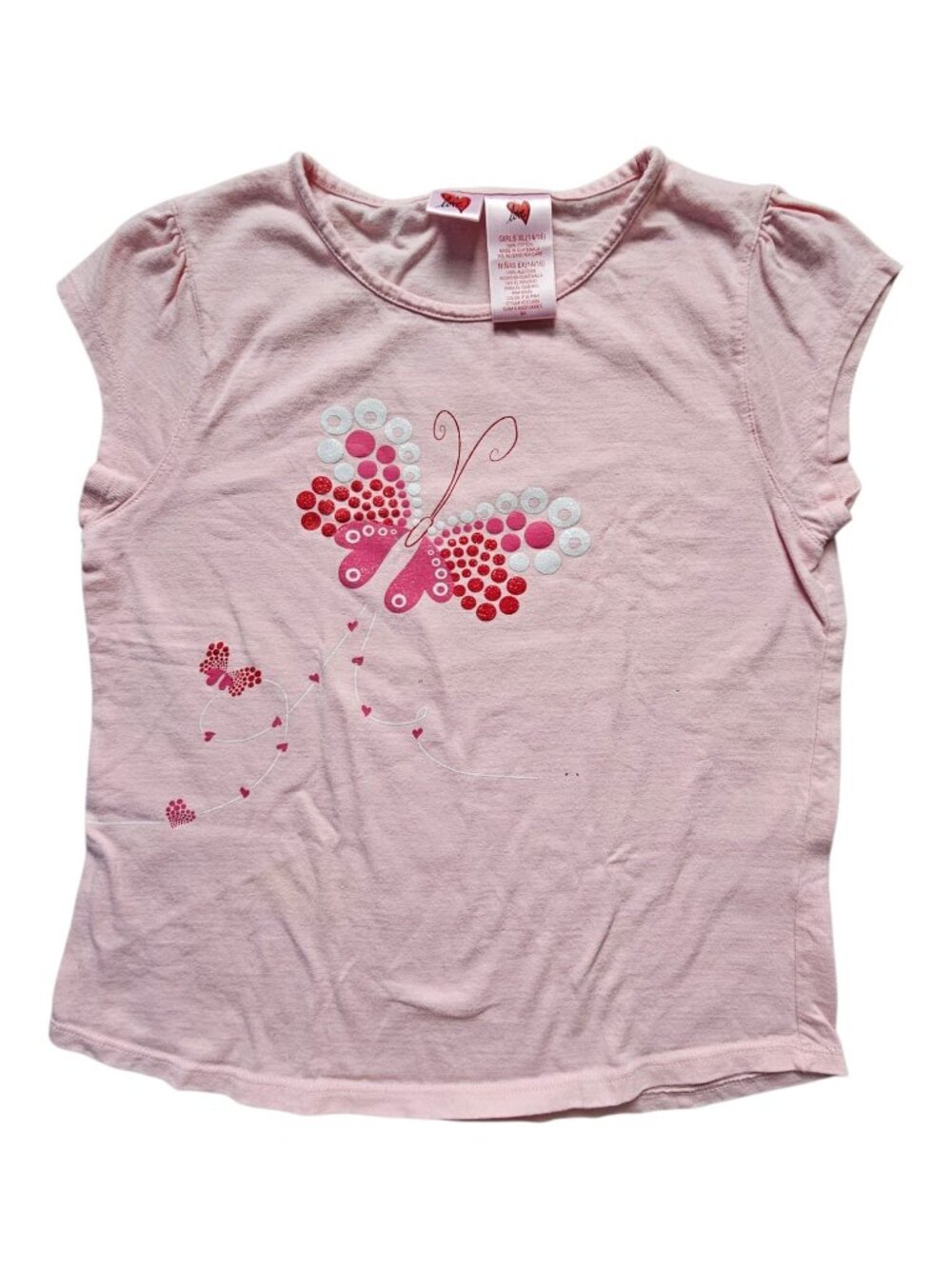 Love glittered butterfly pink cap sleeves shirt . girls XL (14 / 16)